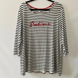 NWT Dressbarn Womens White & Black Striped Print Believe Embroidered Top Size 1X